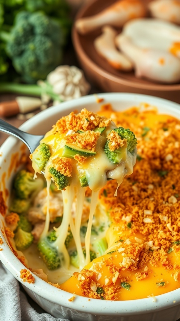 A cheesy chicken and broccoli casserole in a baking dish, topped with breadcrumbs, ready to be served.